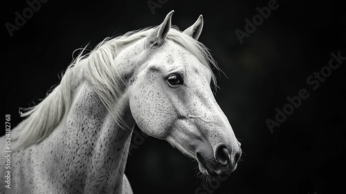 Close-up grayscale portrait of a magnificent grey horse.