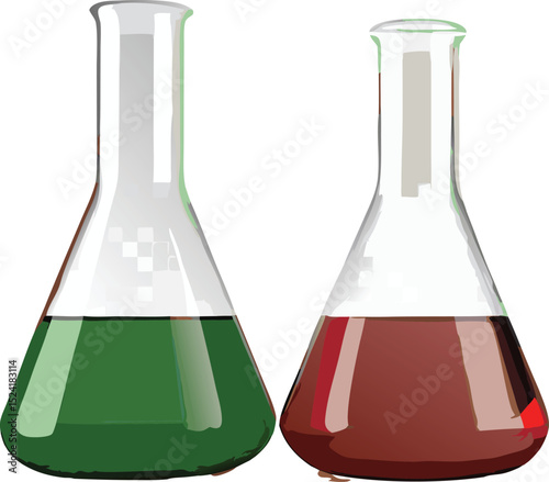 Two Erlenmeyer flasks filled with green and red liquid on white background