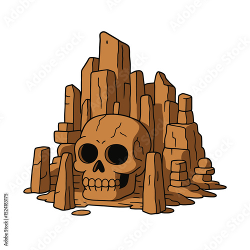 Vector Cartoon Desert Rock Formation with Giant Skull Embedded
