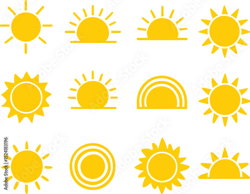 Set of bright sun icons in various styles representing summer and weather