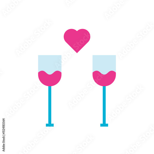 Romantic wine glass with heart icon vector. Two wine glasses with heart, symbolizing romantic toast or celebration.