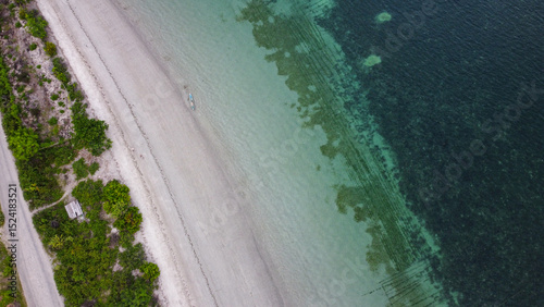Aerial birds eye view of seaweed farming in shallow coastal ocean water on Atauro Island, Timor-Leste, Southeast Asia