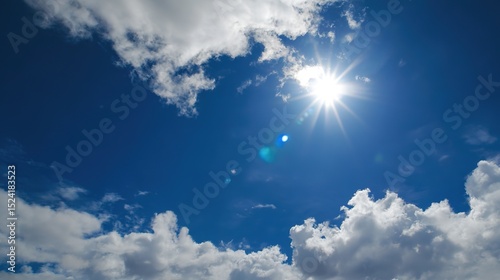Vibrant High Noon Sunlight Blue Cloudy Sky Background – Blinding Sun Rays, Cerulean Skies, Luminous Cloud Textures, Energetic Midday Atmosphere