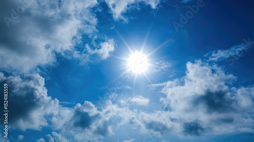 Vibrant High Noon Sunlight Blue Cloudy Sky Background – Blinding Sun Rays, Cerulean Skies, Luminous Cloud Textures, Energetic Midday Atmosphere