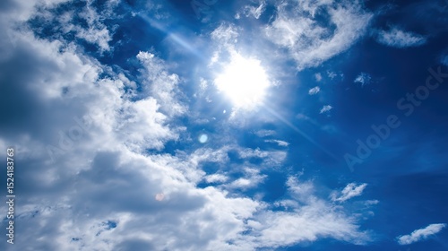 Vibrant High Noon Sunlight Blue Cloudy Sky Background – Blinding Sun Rays, Cerulean Skies, Luminous Cloud Textures, Energetic Midday Atmosphere