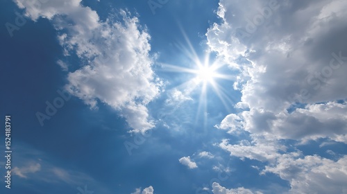 Vibrant High Noon Sunlight Blue Cloudy Sky Background – Blinding Sun Rays, Cerulean Skies, Luminous Cloud Textures, Energetic Midday Atmosphere