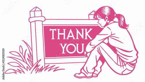 Young girl sitting beside a thank you sign in a garden  