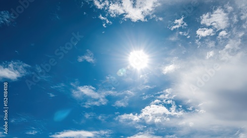 Vibrant High Noon Sunlight Blue Cloudy Sky Background – Blinding Sun Rays, Cerulean Skies, Luminous Cloud Textures, Energetic Midday Atmosphere