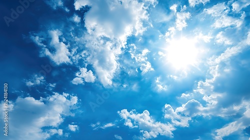 Vibrant High Noon Sunlight Blue Cloudy Sky Background – Blinding Sun Rays, Cerulean Skies, Luminous Cloud Textures, Energetic Midday Atmosphere