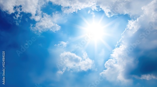Vibrant High Noon Sunlight Blue Cloudy Sky Background – Blinding Sun Rays, Cerulean Skies, Luminous Cloud Textures, Energetic Midday Atmosphere