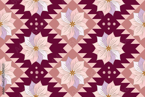 Floral southwestern rug design in pink and maroon hues, featuring geometric star patterns for cozy boho interiors, bedroom decor and for clothing.