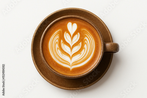 Top view of a coffee cup with latte art on a white background