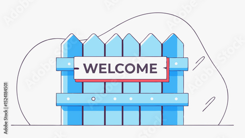 Welcome sign on a wooden fence in a minimalist illustration style  