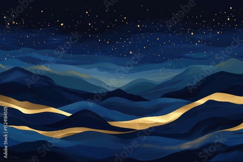Nighttime mountain range, stylized with gold and blue