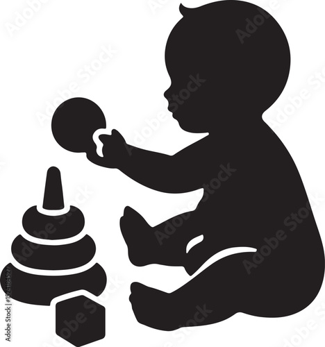 Silhouette of Baby Playing with Toys Vector Illustration