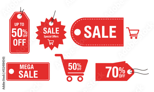 A vibrant set of red sale tags and labels featuring percentage discounts like "50% OFF" and "70% OFF," alongside "SALE" and shopping cart icons