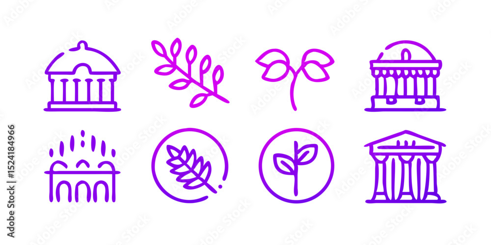 Naklejka premium Classical Architecture Line Icons Elegant Designs of Ancient Buildings and Plants