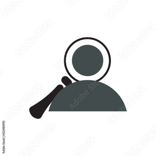 User investigation icon. Silhouette with magnifier representing identity check, profiling, or background search.