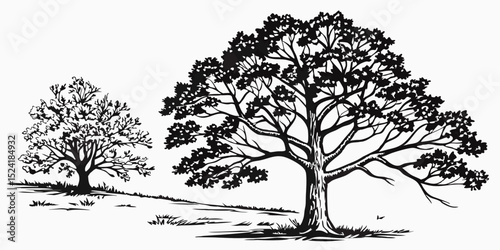 Majestic Ink Drawing Two Trees, Nature's Serene Elegance