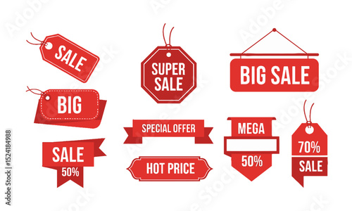 Red Sale Tags: Discounts and Promotional Offers. A collection of various red promotional tags & banners, featuring terms like "Sale," "Big Sale," "Super Sale," "Special Offer" and percentage discounts