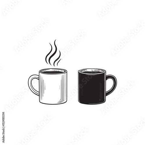 Hand drawn hot coffee mugs black and white illustration