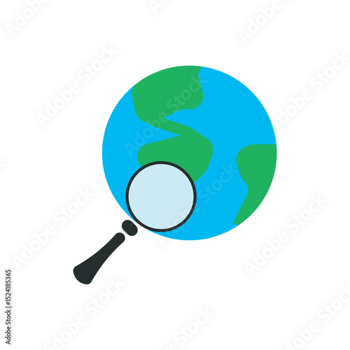 Global search icon. Magnifying glass on Earth globe, symbolizing worldwide search or global reach.