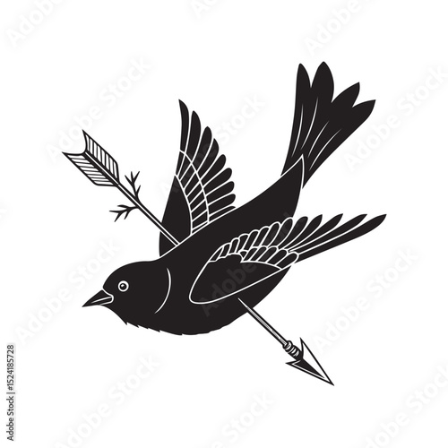 Silhouette of a bird pierced by an arrow in flight