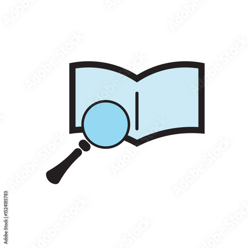 Book search icon vector. Magnifying glass on open book for research or knowledge search. 