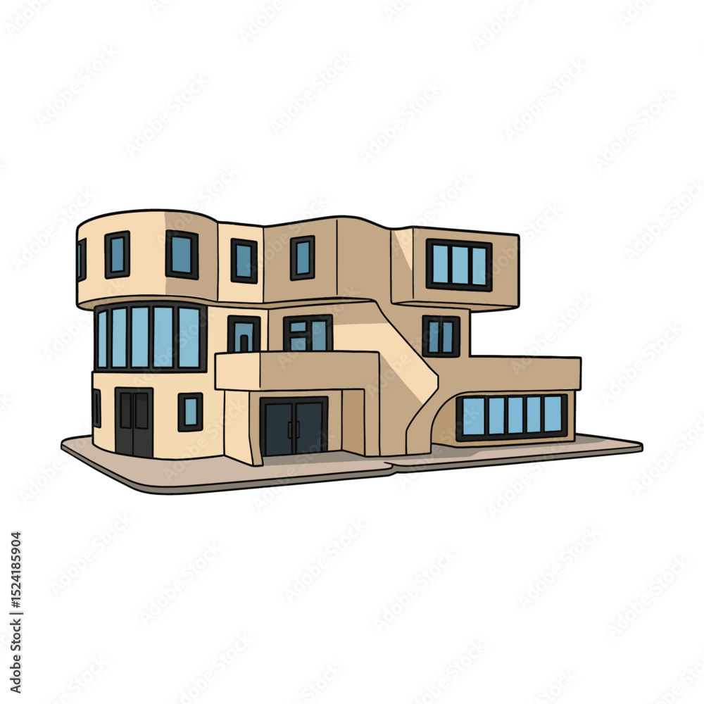 Fototapeta premium Vector Cartoon Modern Modular Home with Beige Exterior and Large Windows