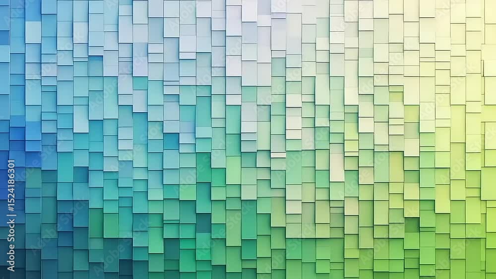 Colorful abstract mosaic of square tiles in varying shades of blue and green, creating a serene background
