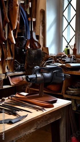 Handmade leather artisan workshop featuring crafting tools, saddles, leather strips, and a vibrant red purse on a wooden table under natural window light.