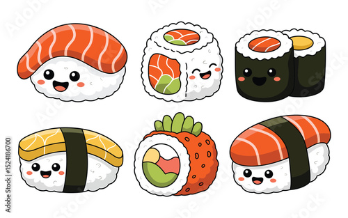 Assorted Cute Sushi Character Illustrations for Fun Foodie Designs and Merchandise