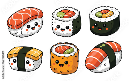 Assorted Cute Sushi Character Illustrations for Fun Foodie Designs and Merchandise