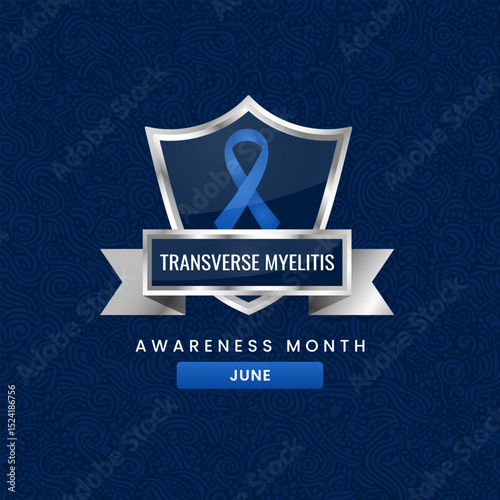 Royal blue ribbon and Pattern based background awareness graphic for International Transverse myelitis Awareness Month.