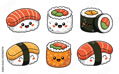 Assorted Cute Sushi Character Illustrations for Fun Foodie Designs and Merchandise