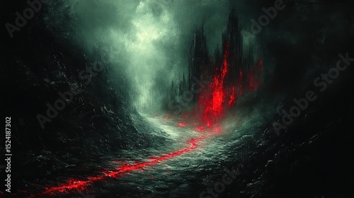 Burning castle, dark fantasy landscape, ominous path