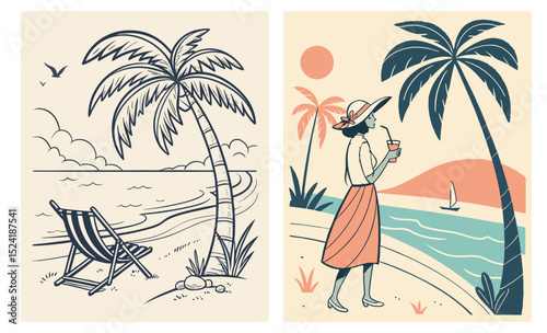 Set of two vector illustrations of tropical beach scenes with palm trees, girl with drink, sea and elements of rest for poster, placard or print