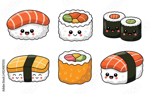 Assorted Cute Sushi Character Illustrations for Fun Foodie Designs and Merchandise