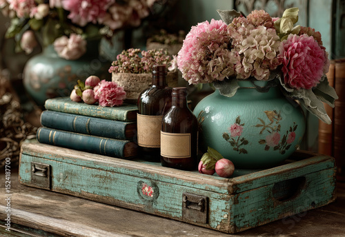 Vintage still life with flowers in vase and old books.