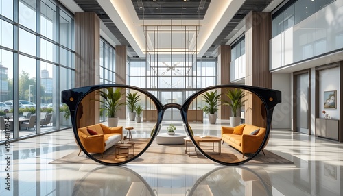Sunglasses and a bright, modern office lobby interior design