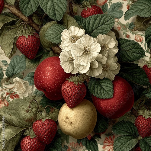 Colorful background of fruits, berries and flowers.