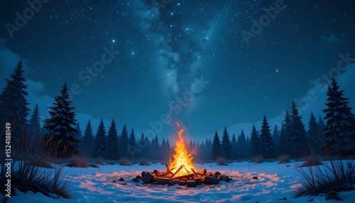 A campfire beneath a winter night sky full with stars abstract 