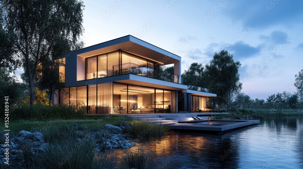 Obraz premium 3d rendering of modern house by the river house, luxury, villa, modern, architecture, building, exterior, residential, property, designer
