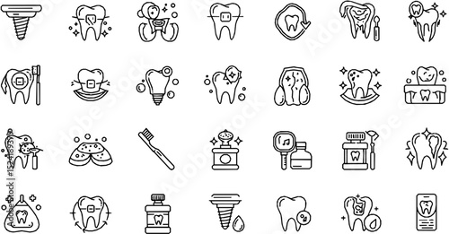 Medical dental care line icon set. Vector pictograms of braces, implants, cavities, toothbrush, hygiene, gum, mouthwash, whitening treatments, tooth crown and root, thin linear illustration