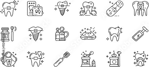 Medical dental care line icon set. Vector pictograms of braces, implants, cavities, toothbrush, hygiene, gum, mouthwash, whitening treatments, tooth crown and root, thin linear illustration