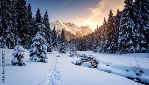 Winter Wonderland: Majestic Sunset over Snow-Covered Mountains and Forest