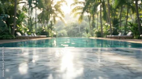 Tropical resort poolside view with marble platform.