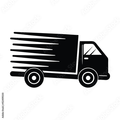 Speedy delivery truck icon in black and white representing fast shipping and logistics