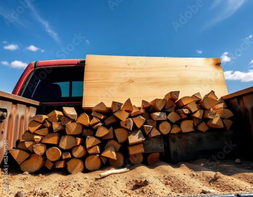 Wallpaper Mural A sunlit wooden plank rests atop a pile of neatly stacked firewood in the bed of a pickup truck on a bright, cloud-filled day Torontodigital.ca