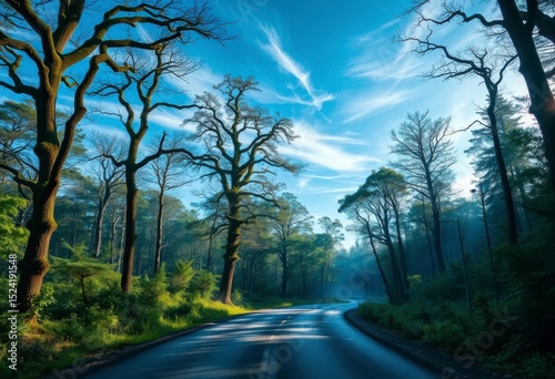 Serene Winding Road Through Lush Green Forest on a Bright Sunny Day